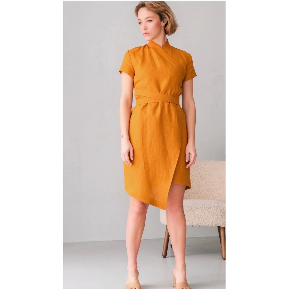 Black Ficus Aloe Linen Wrap Dress Saffron Orange Asymmetric Hem Short Sleeve
